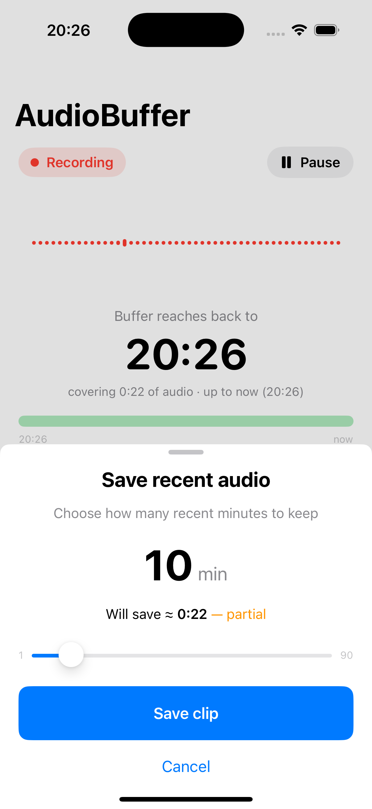The Save sheet in ConvoTrace, with a slider set to keep the last 10 minutes of audio