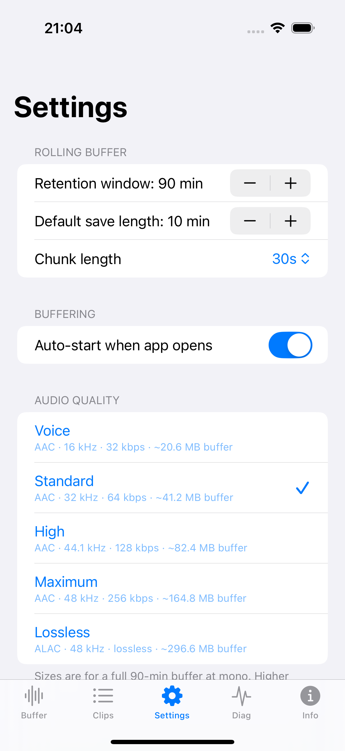 The ConvoTrace settings screen showing audio quality presets and storage estimates