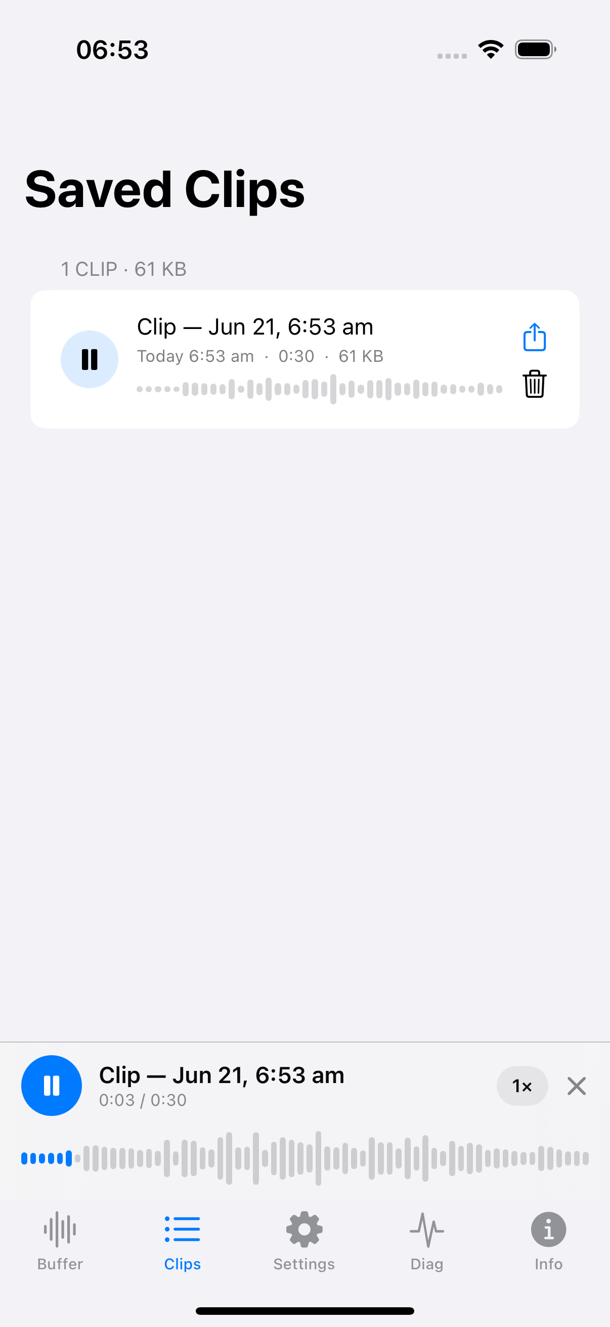 The ConvoTrace clips screen with a saved clip and a SoundCloud-style mini-player at the bottom